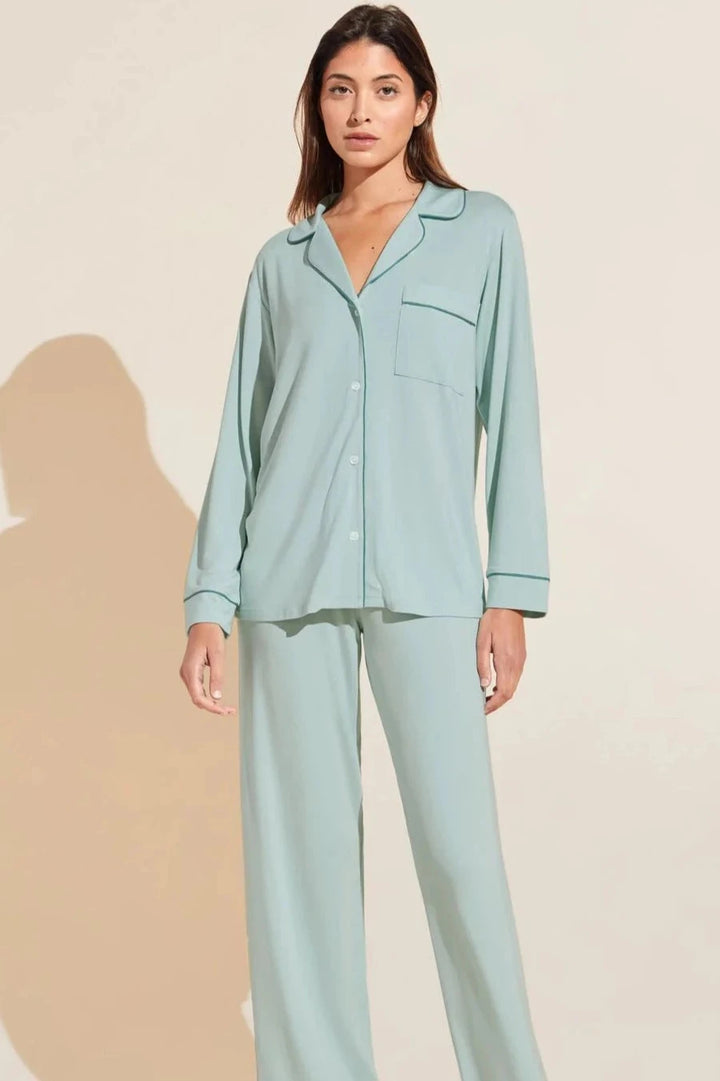 Classic long sleeve luxury pajama set with button front, collar and contrast piping in soft and comfortable surf spray green modal jersey.