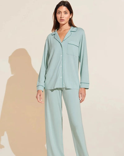 Classic long sleeve luxury pajama set with button front, collar and contrast piping in soft and comfortable surf spray green modal jersey.