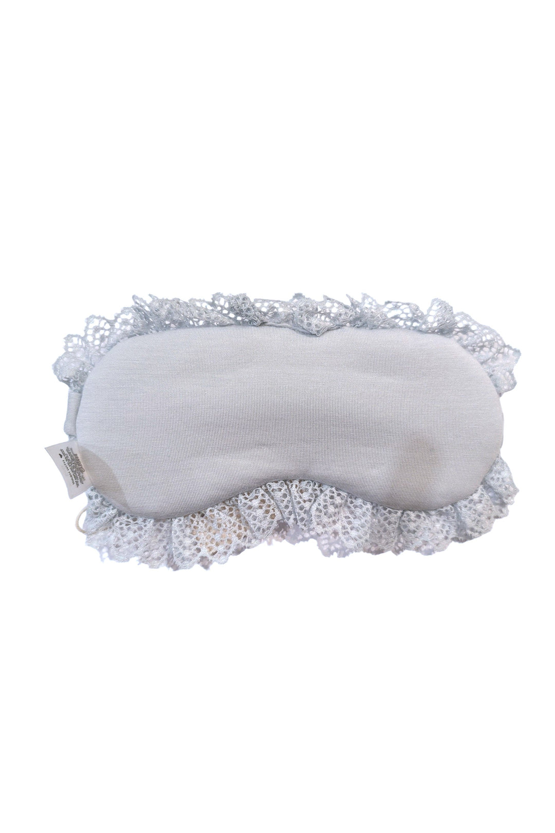 Blue sleep mask with lace trim on a white background