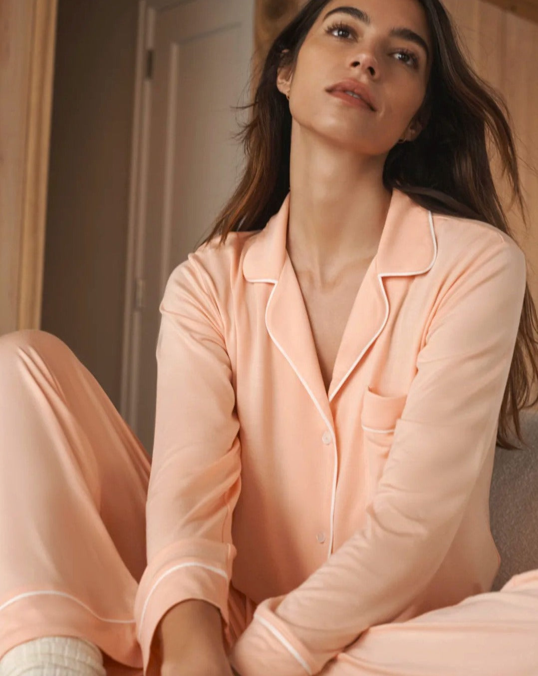 Classic long sleeve luxury pajama set with button front, collar and contrast piping in soft and comfortable petal pink modal jersey.