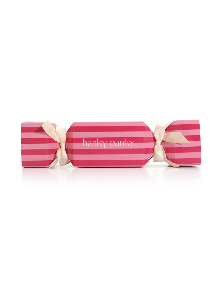 Pink striped candy cracker box with 'hanky panky' branding on a white background