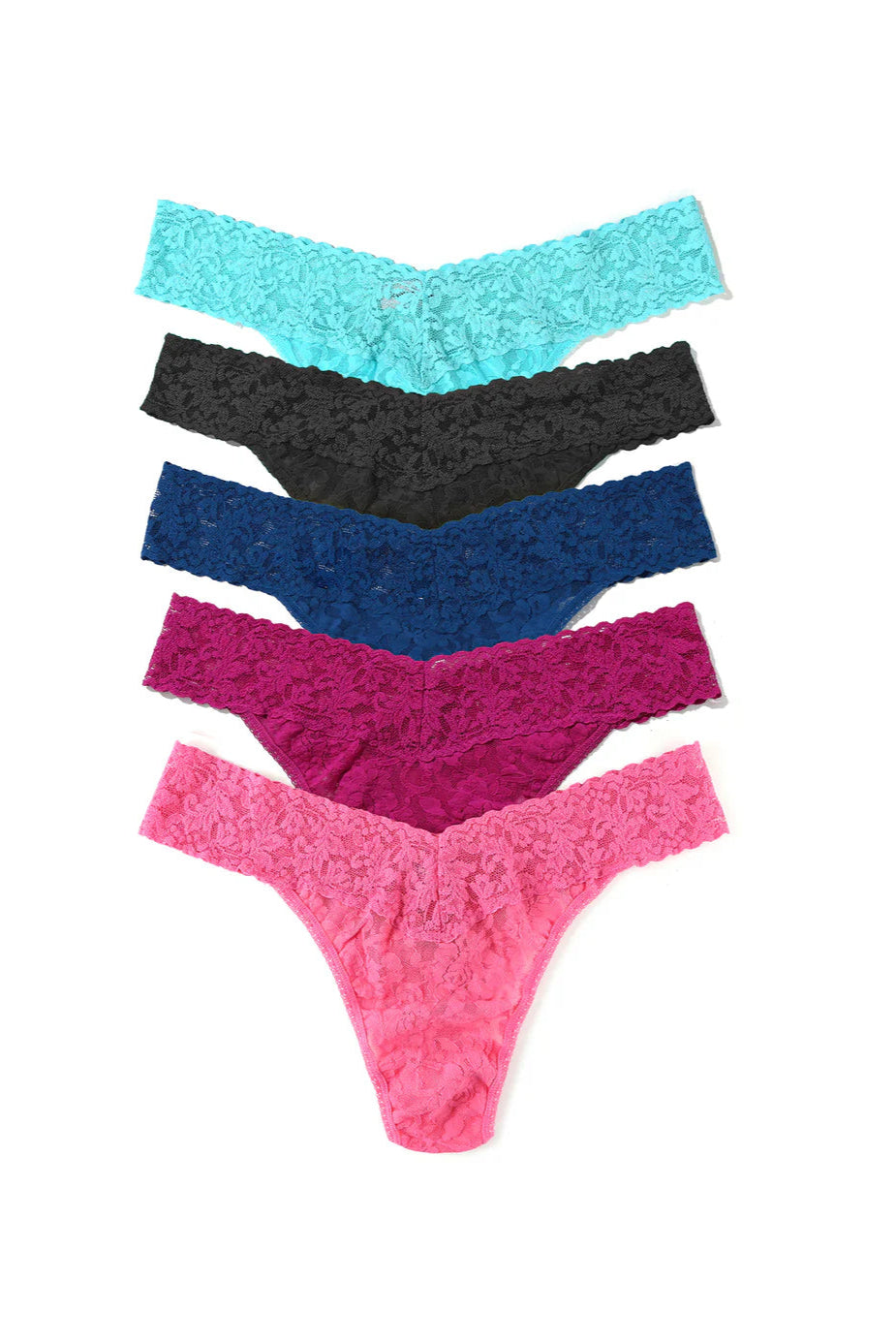 Set of colorful lace panties with a striped box on a white background