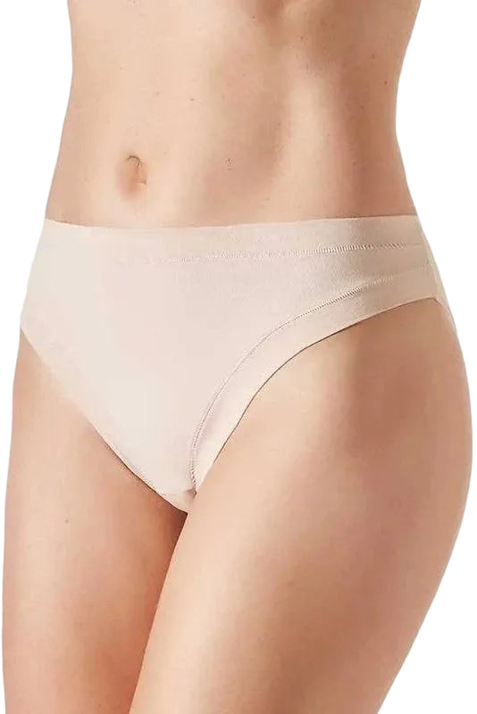 A plain beige cotton bikini brief with full bottom coverage and terrycloth gusset.  Comfortable, soft everyday underwear in beige nude.