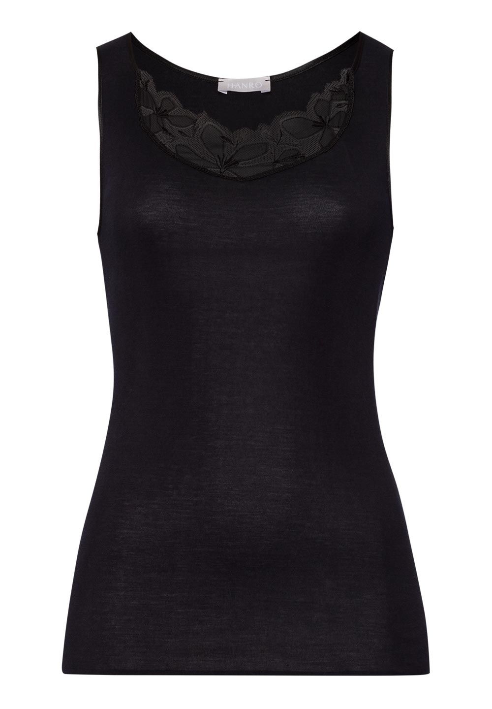 Black sleeveless top with lace detail on a white background