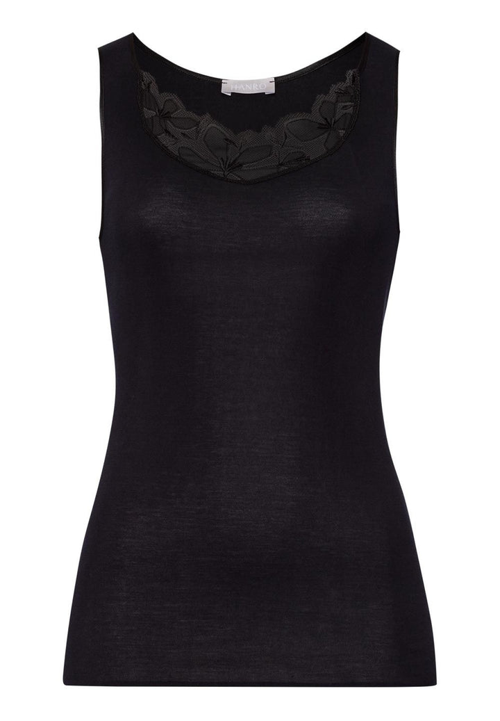 Black sleeveless top with lace detail on a white background