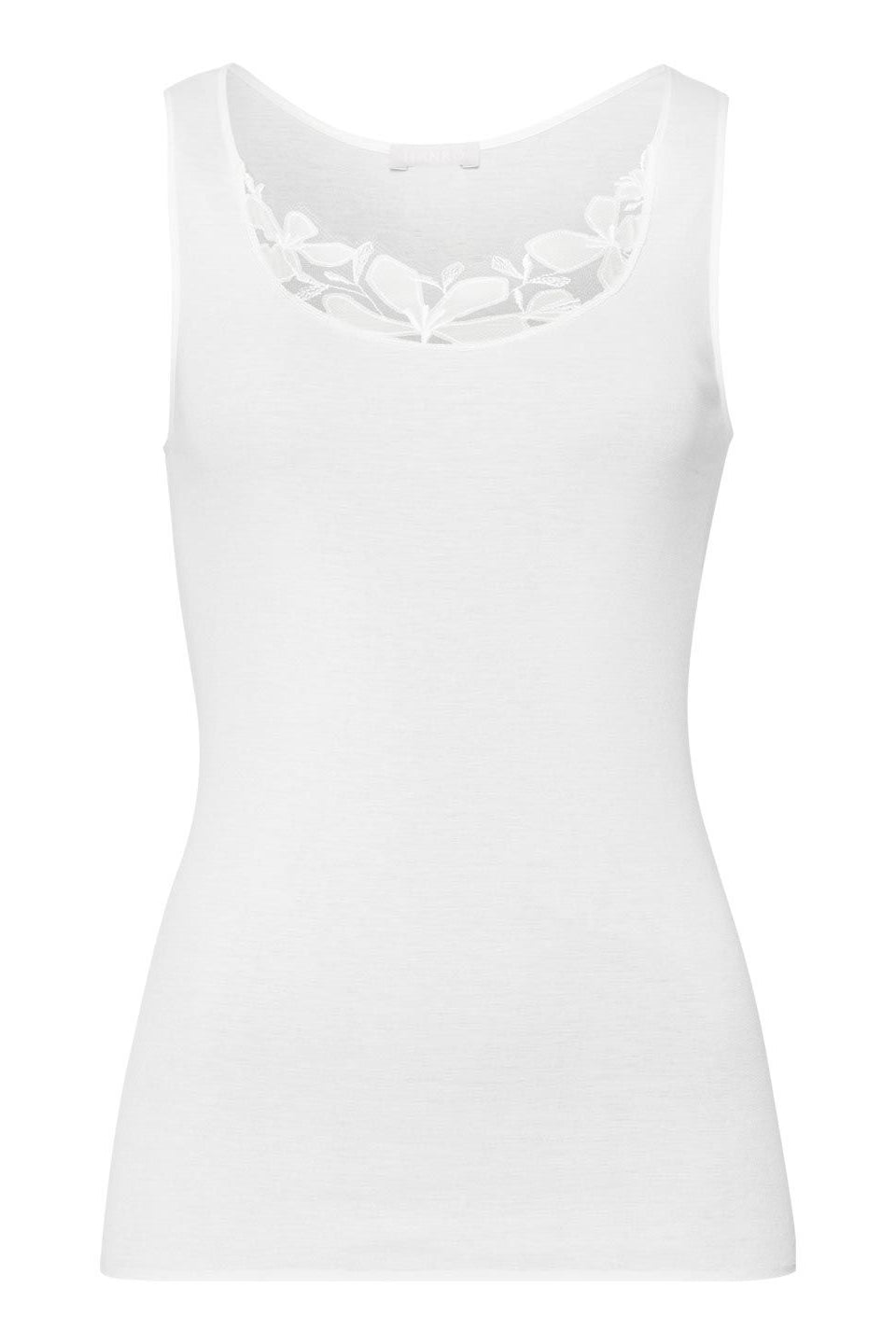 White tank top with lace detail on a white background