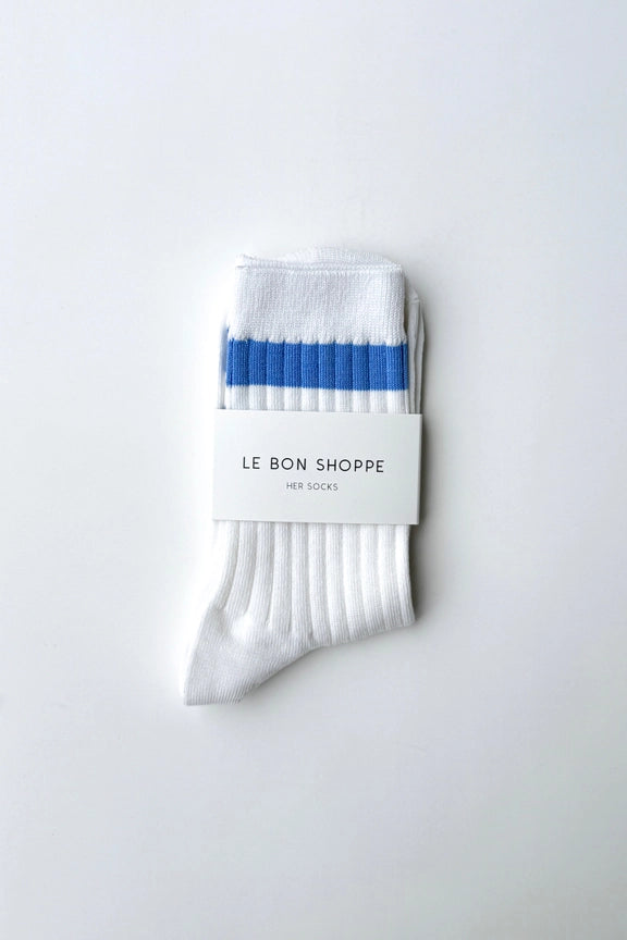 White sock with blue stripes on a white background, branded 'Le Bon Shoppe'.