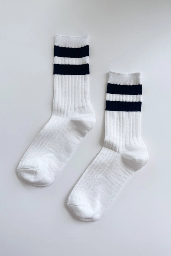 White socks with black stripes on a light gray background