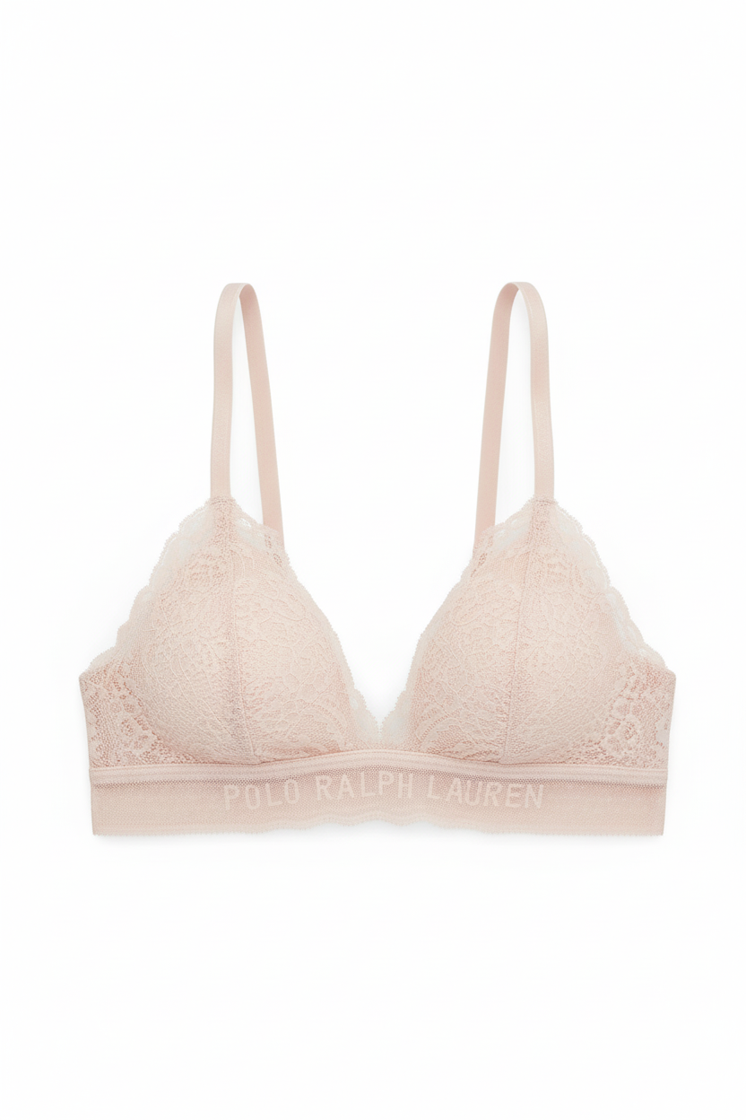 Pink  bralette with thin straps on a white background, featuring Polo Ralph Lauren logo.