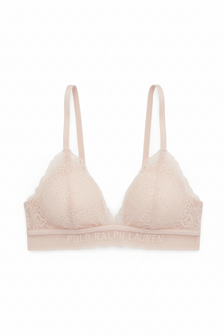 Pink  bralette with thin straps on a white background, featuring Polo Ralph Lauren logo.