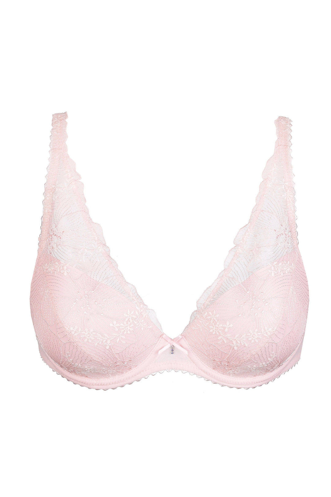 A light pink underwire bra with delicate lace cups and thin shoulder straps, shown against a plain white background.