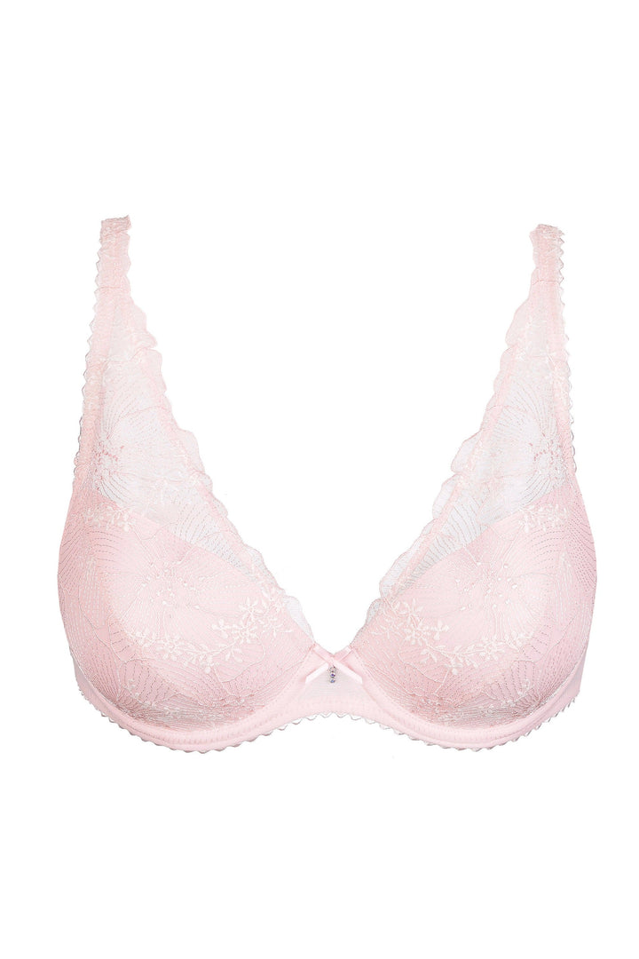 A light pink underwire bra with delicate lace cups and thin shoulder straps, shown against a plain white background.