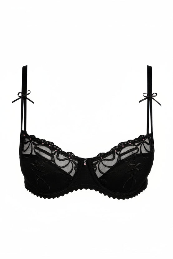 The Marie Jo Noova Half Padded Balcony Bra.  Printed bows on mesh lace with pink floral edges and half padded. Comfortable and gorgeous set with sexy boudoir look. 