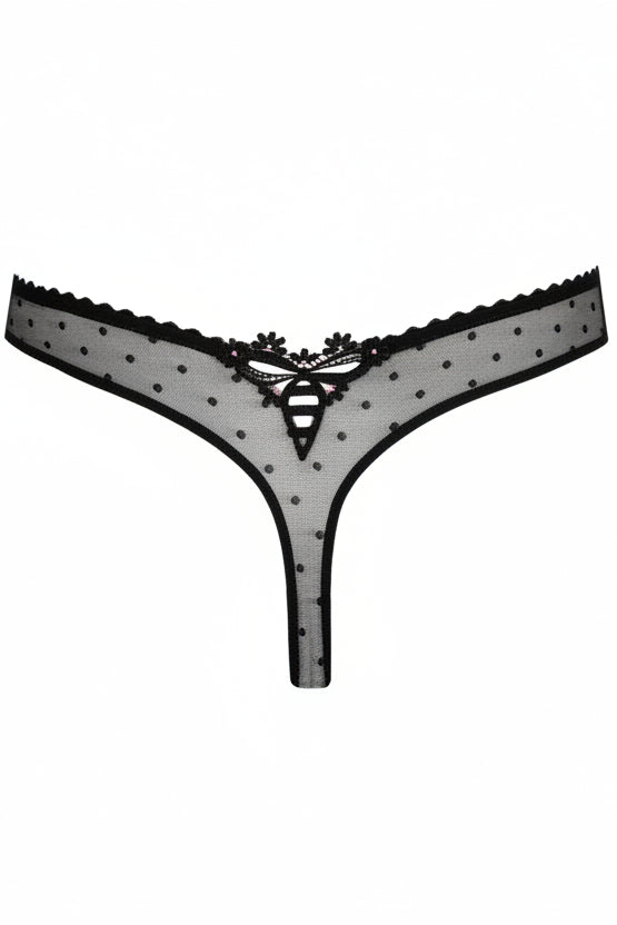 woman wearing a black thong with mesh detail on the side. Gorgeous matching underwear to Marie Jo Noova half padded balcony bra. Seamless and comfortable with cotton gusset. Sexy boudoir look. 