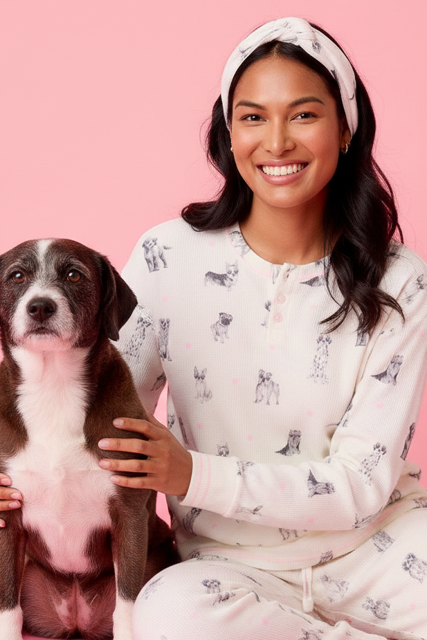 Modified pajama set with crew neck and long sleeves on pink background