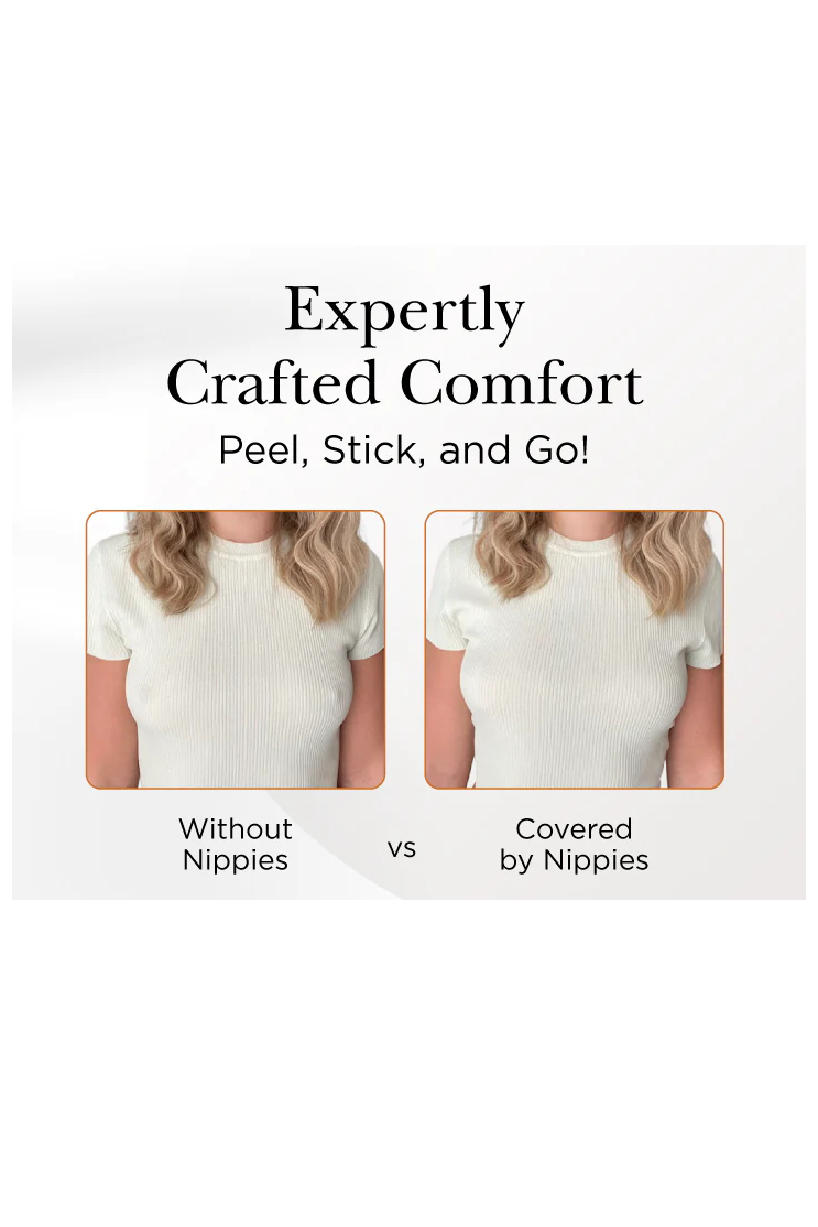 Advertisement showing a comparison of a person without and with nippies, labeled 'Expertly Crafted Comfort'.