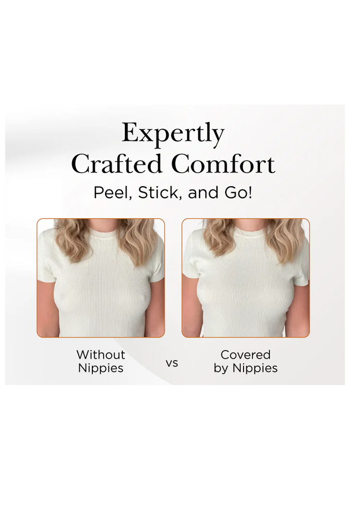 Advertisement showing a comparison of a person without and with nippies, labeled 'Expertly Crafted Comfort'.