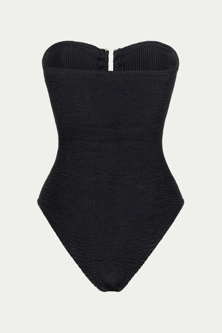 Black strapless bodysuit on a light gray background