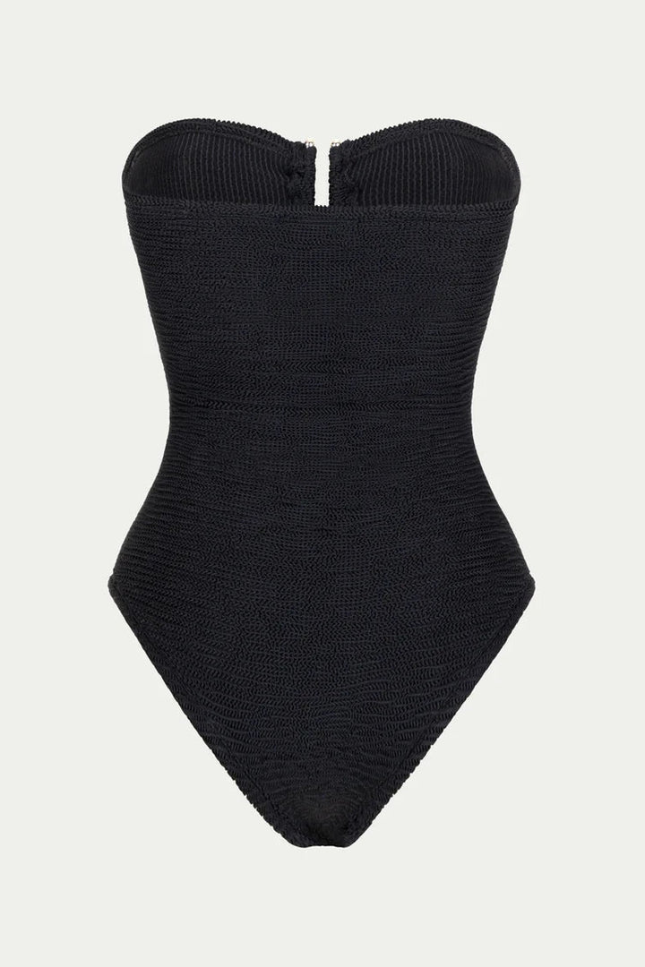 Black strapless bodysuit on a light gray background