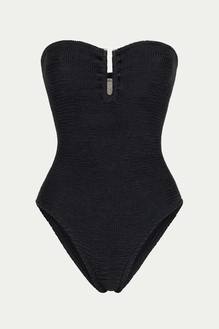 Black strapless swimsuit on a light gray background