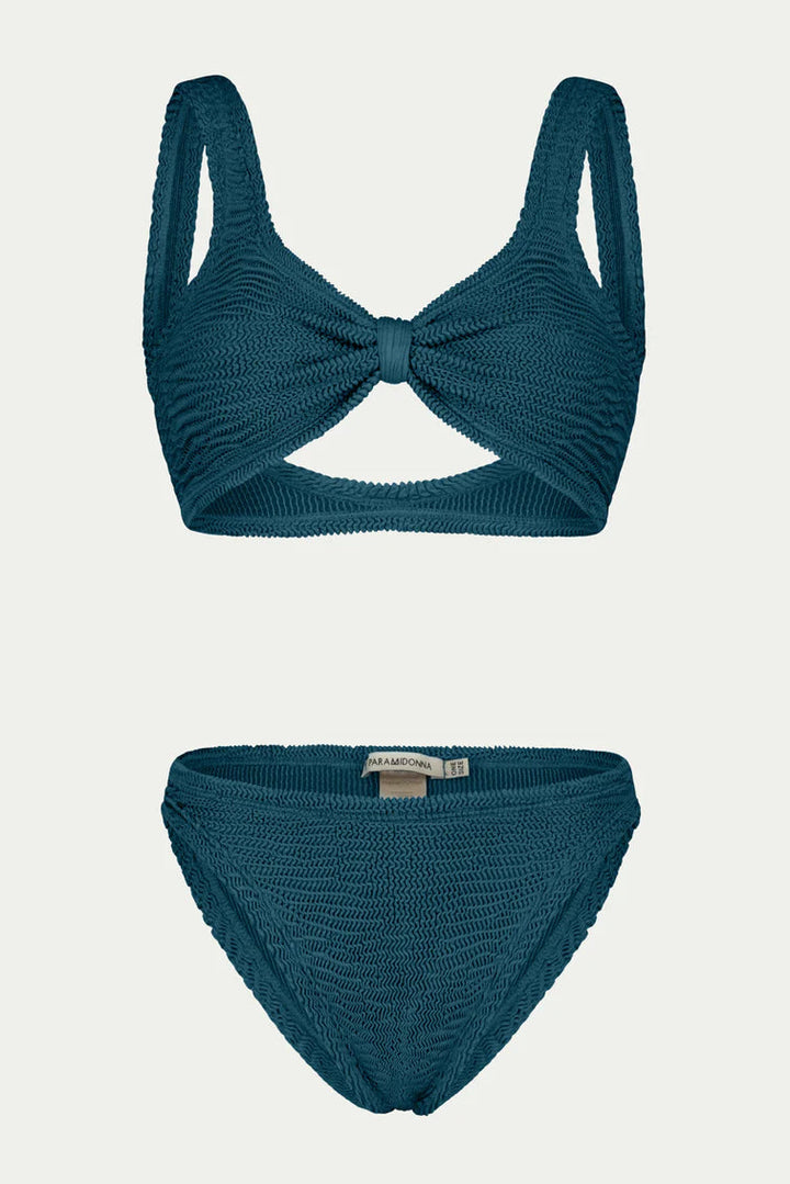 Teal one size bikini set on a light gray background
