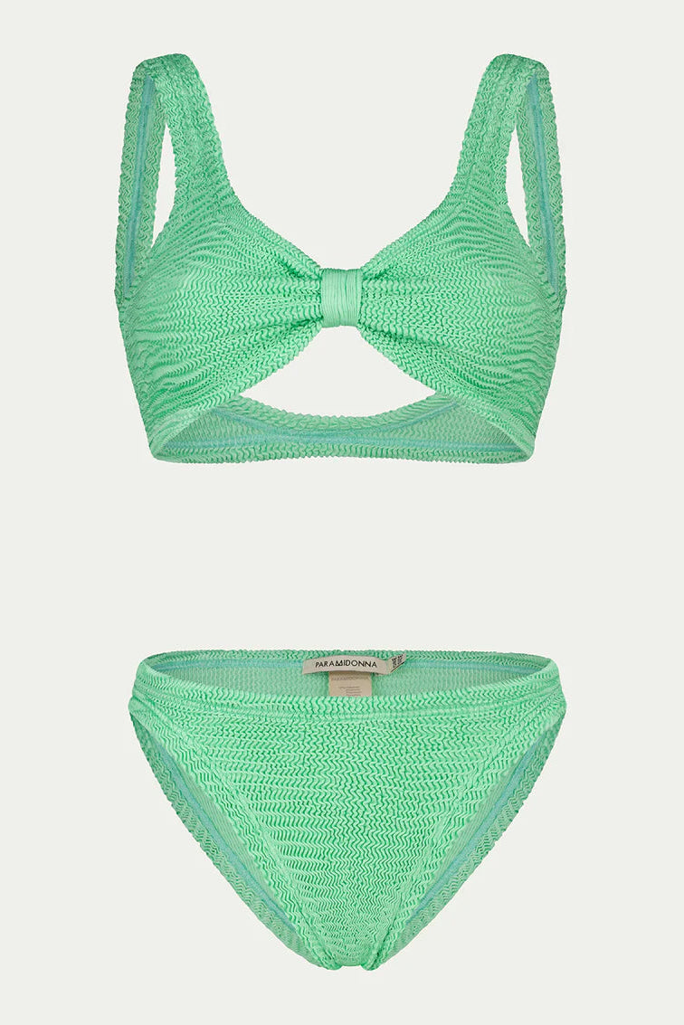 Mint green one size bikini set in textured crinkled fabric on a light background