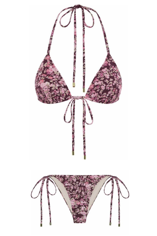 Floral-patterned bikini set on a white background