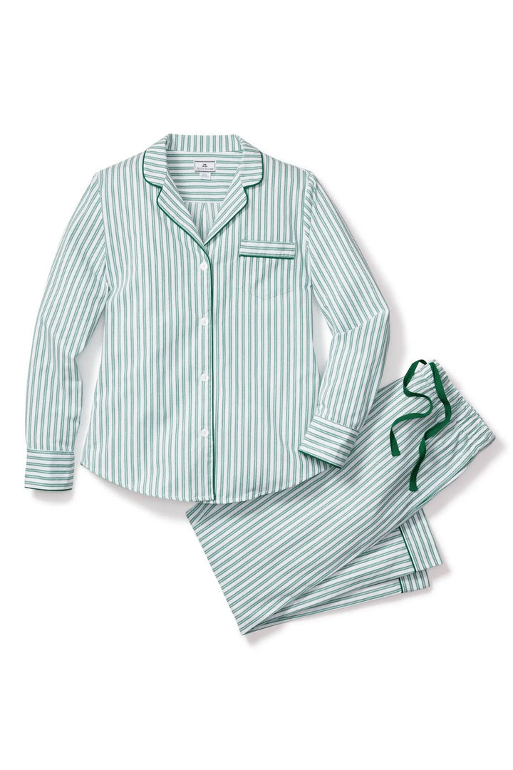 Green and white striped pajama set on a white background