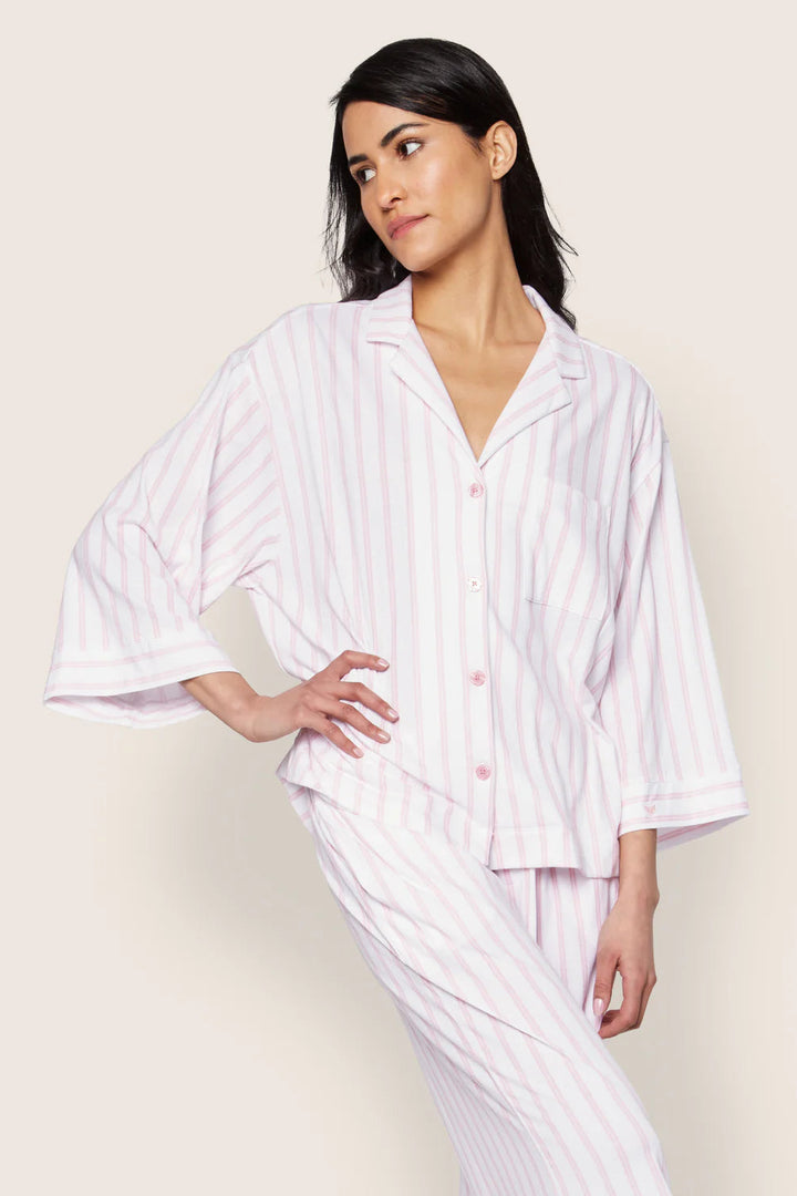 The Olivia Wide Leg Pima Pajama Set in Pink Stripe