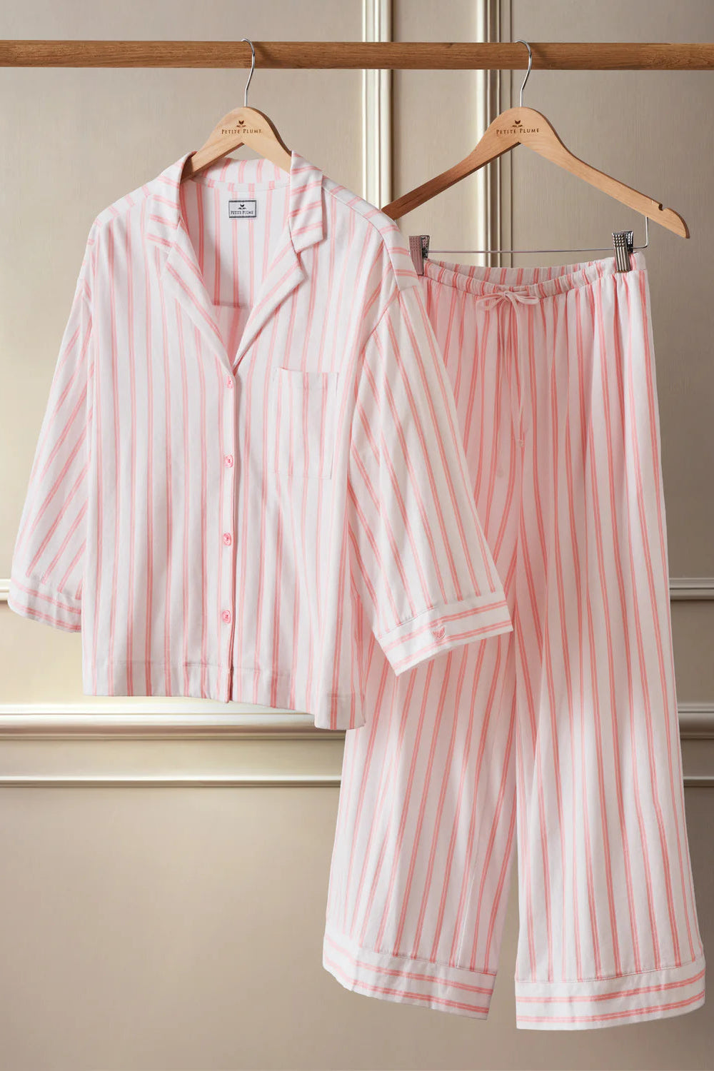 The Olivia Wide Leg Pima Pajama Set in Pink Stripe