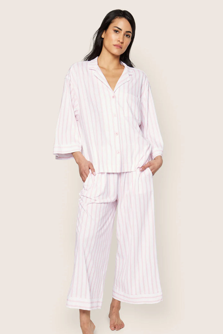 The Olivia Wide Leg Pima Pajama Set in Pink Stripe