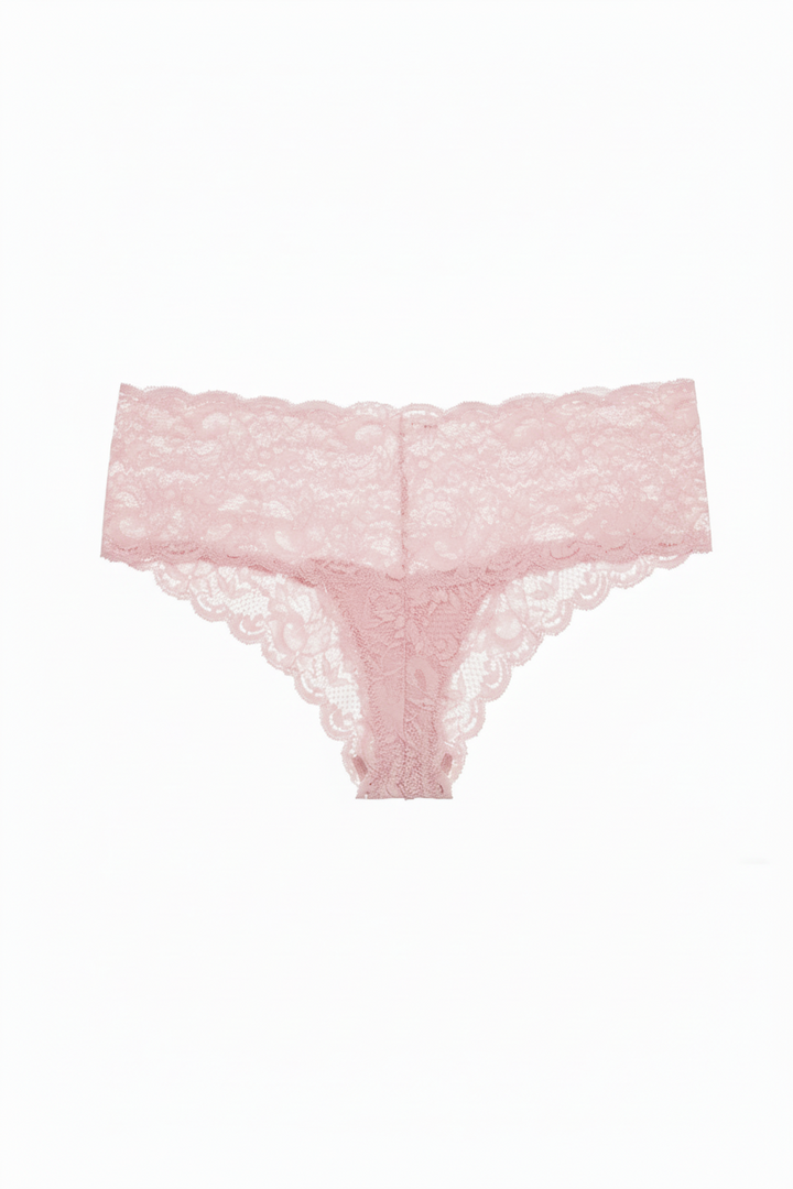 Pink lace cheeky panty on a white background