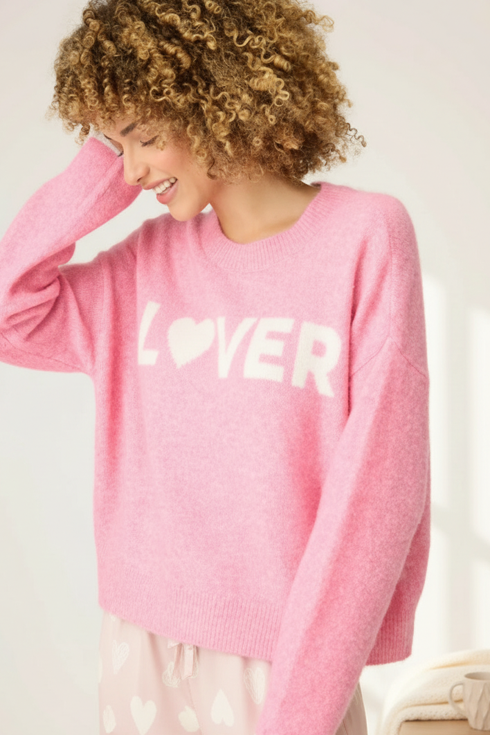 Pink sweater with LOVER text