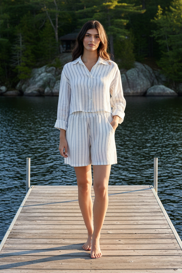 Woman wearing a white and gray striped linen shirt and shorts set on a plain background