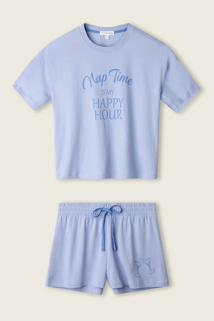 Light blue pajama set with text on a white background