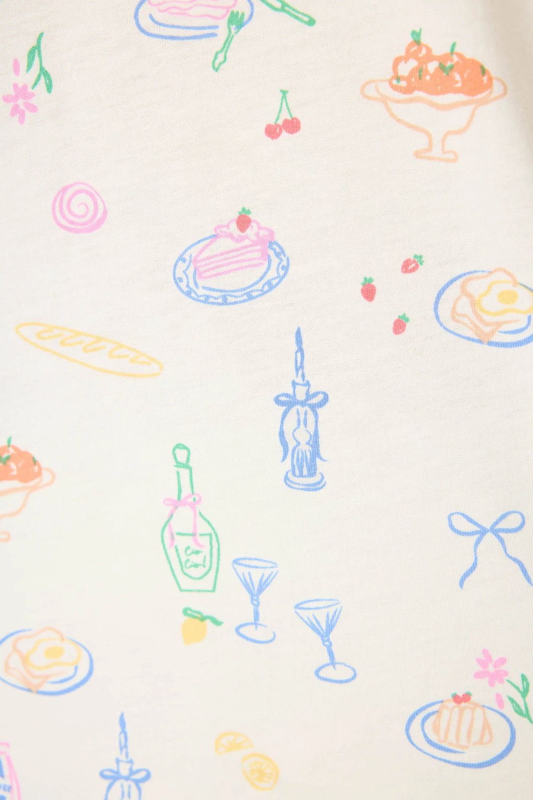 Colorful hand-drawn food and drink illustrations on a light background