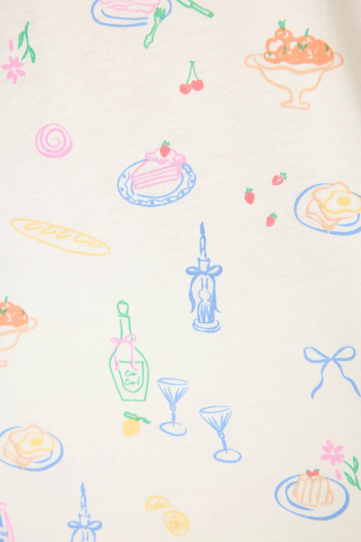 Colorful hand-drawn food and drink illustrations on a light background