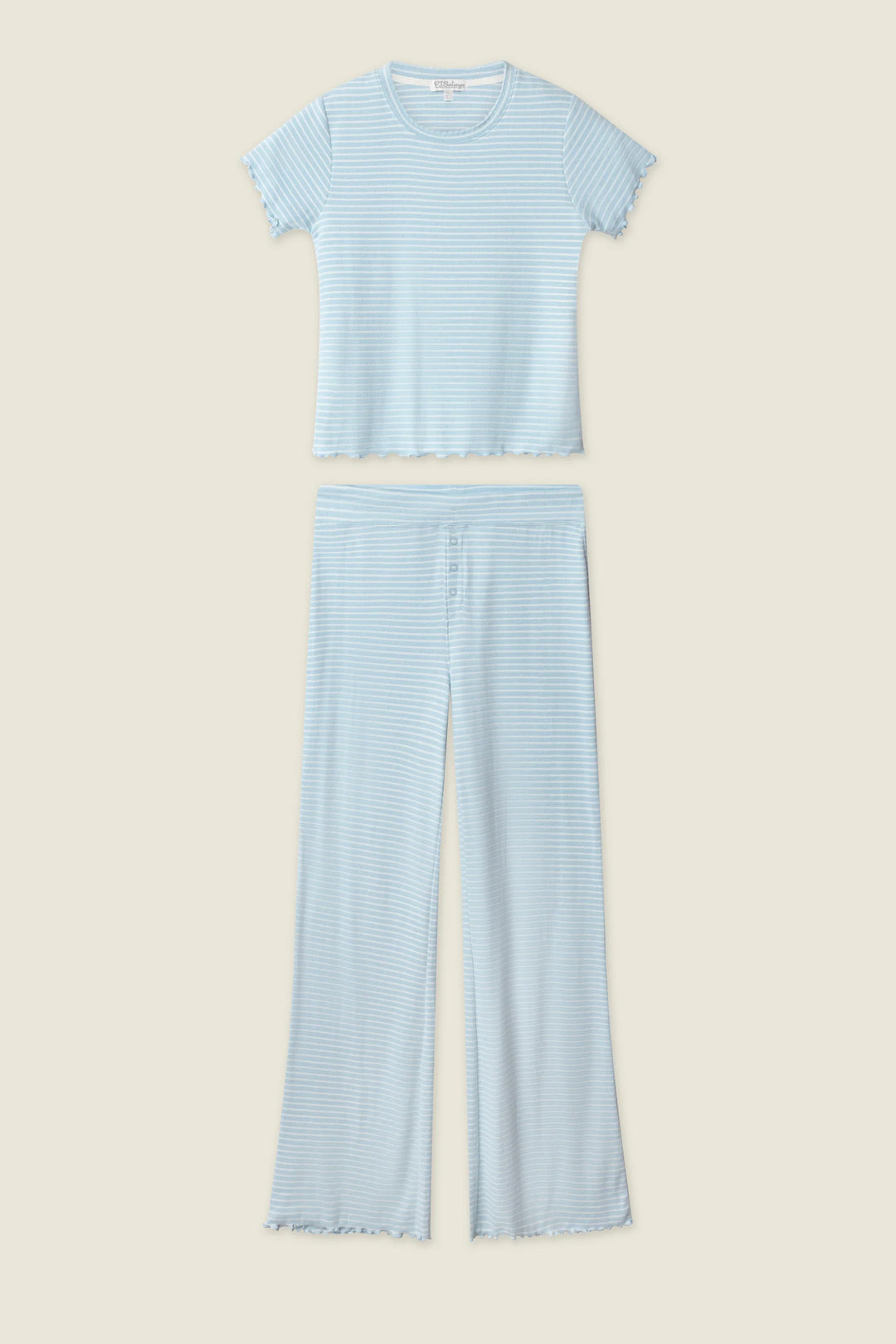 Light blue striped t-shirt and pants set on a beige background