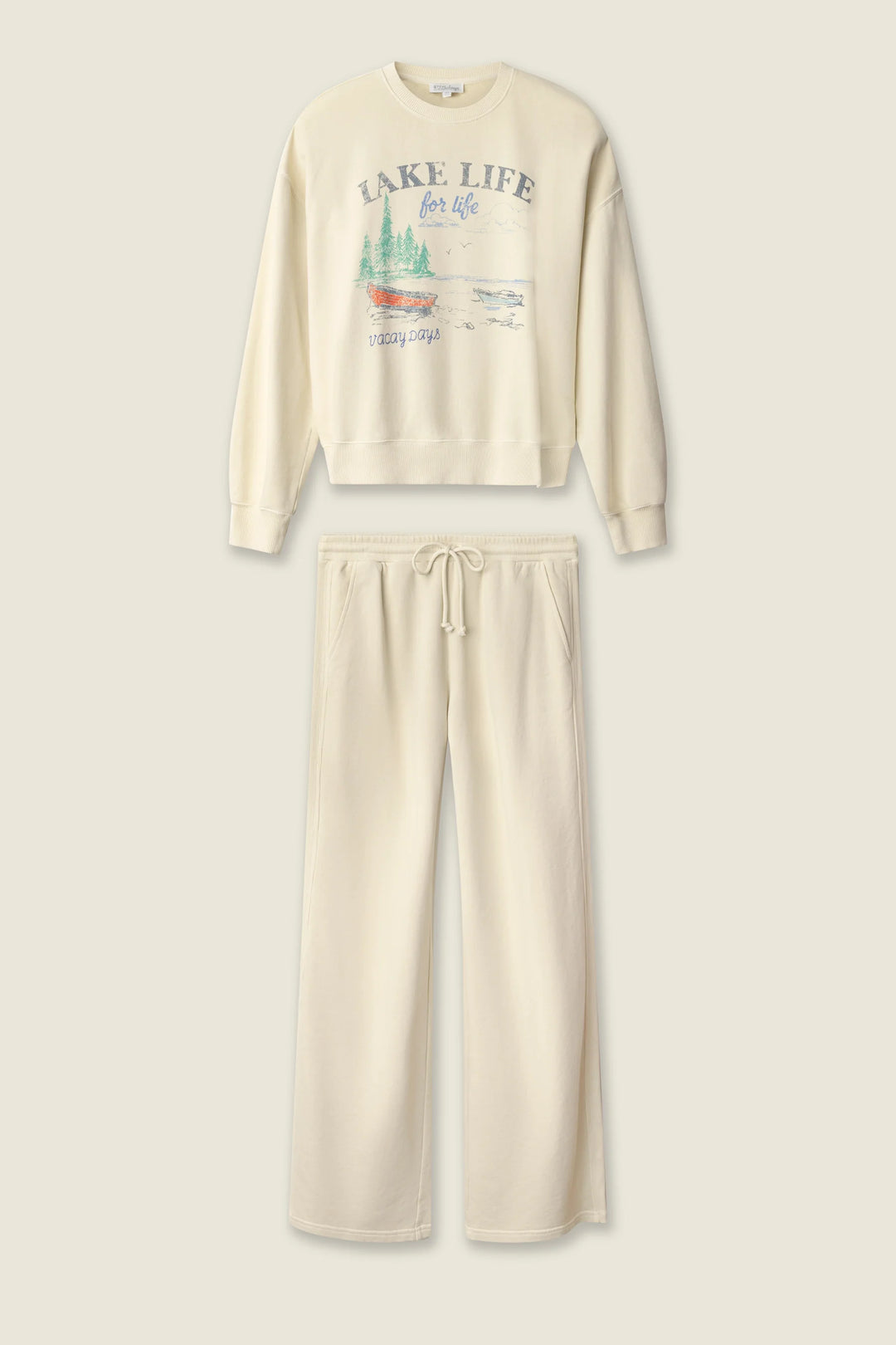 Beige sweatshirt and pants set with 'Lake Life' graphic on a white background