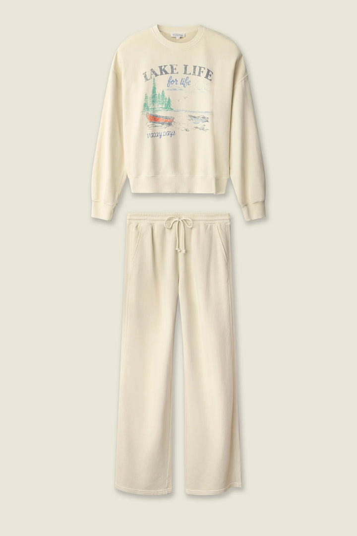 Beige sweatshirt and pants set with 'Lake Life' graphic on a white background