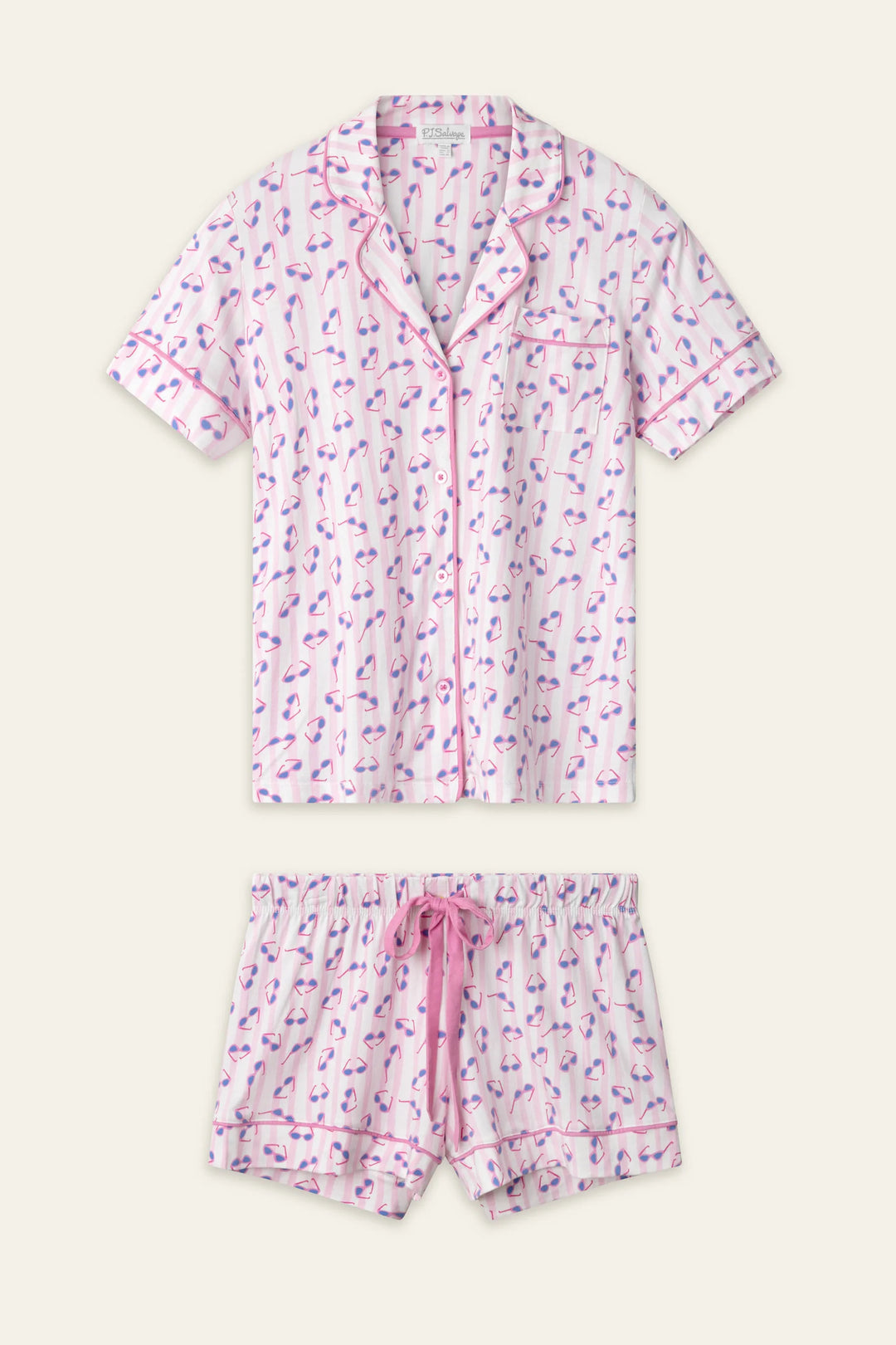Sunglasses print pajama set with a shirt and shorts on a white background