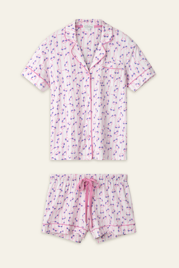 Sunglasses print pajama set with a shirt and shorts on a white background