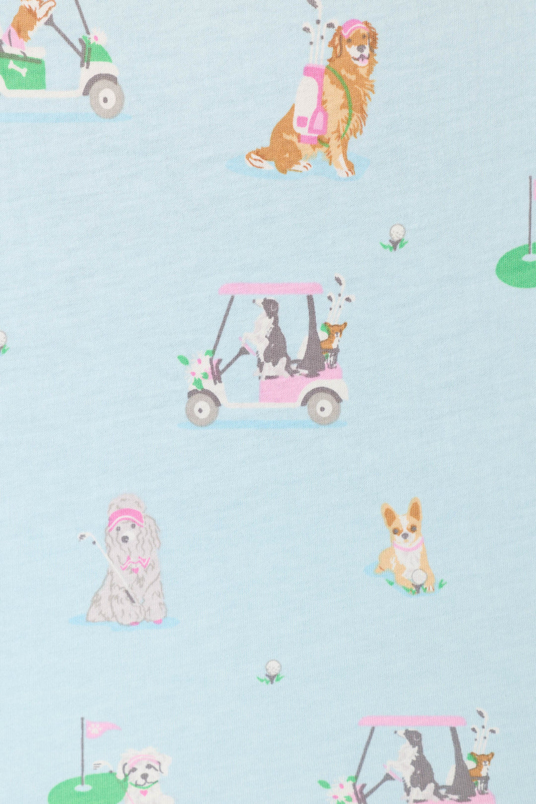 Pattern of dogs in golf carts and clubs on a light blue background