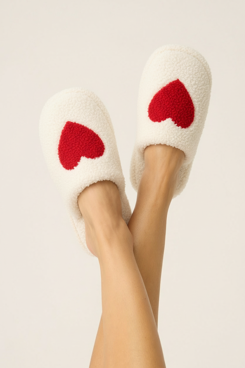 White slippers with red hearts