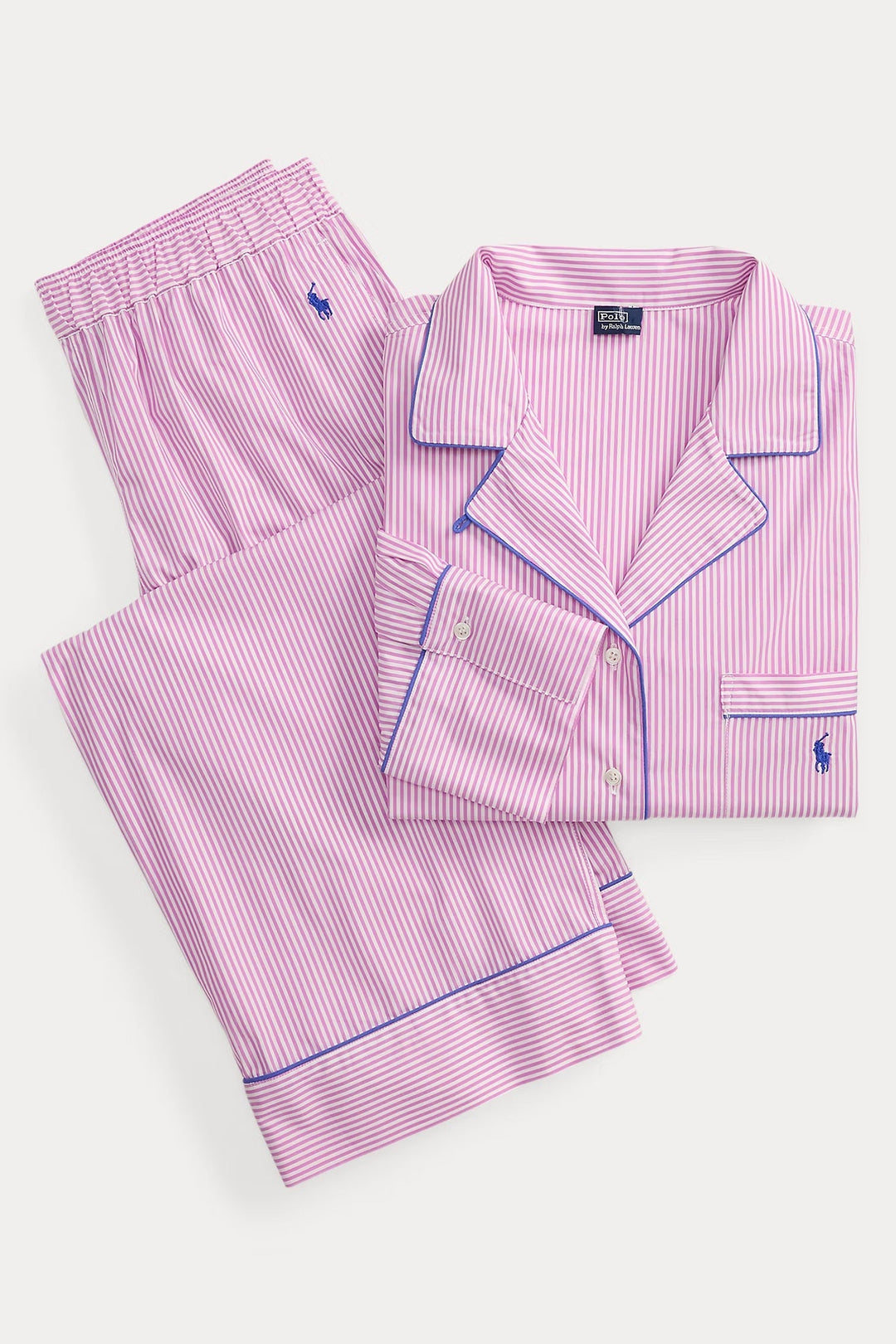 Pink striped pajama set with Polo Ralph Lauren logo on a white background