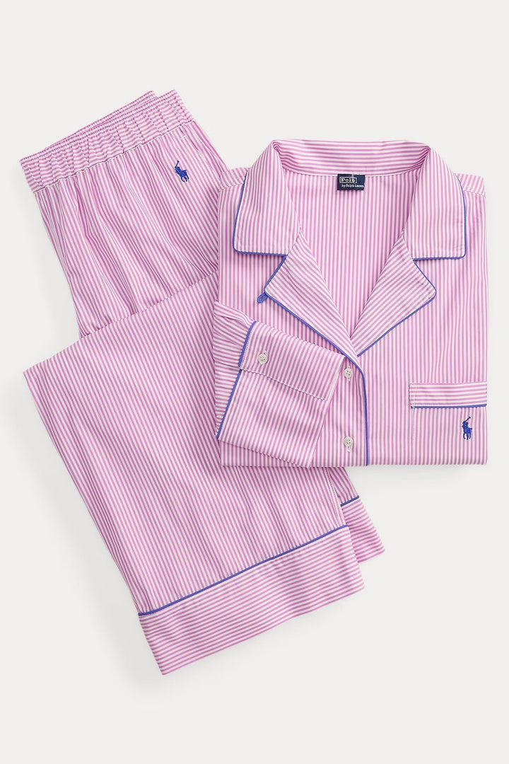 Pink striped pajama set with Polo Ralph Lauren logo on a white background