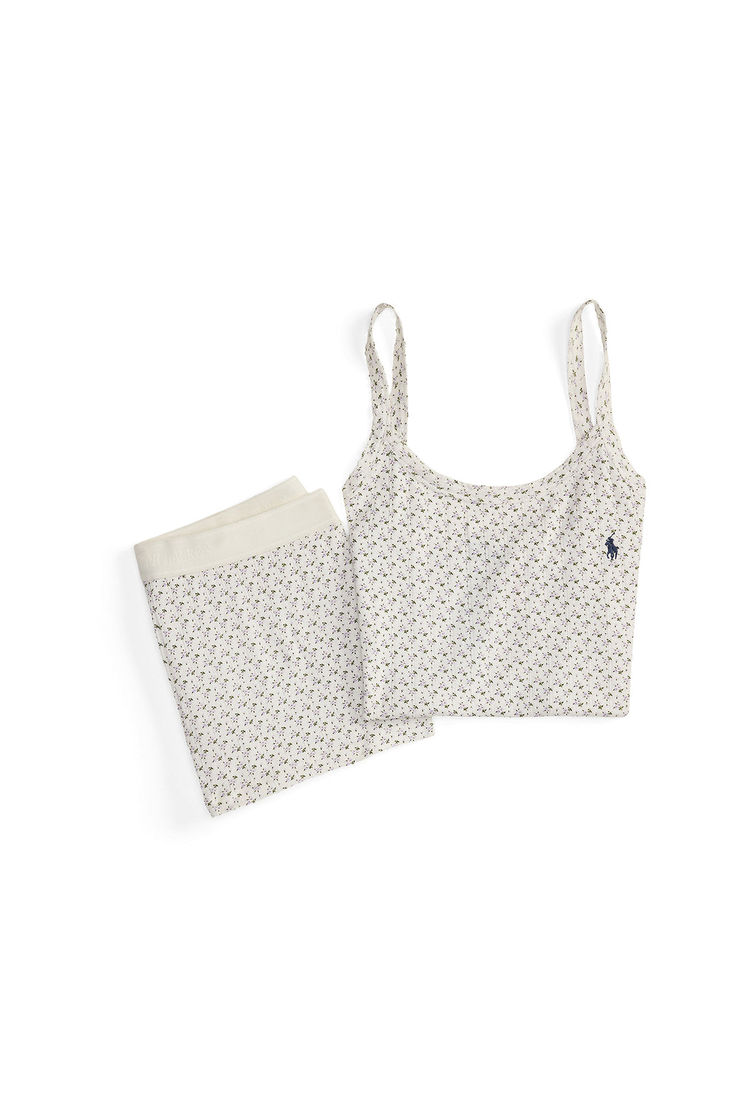 Floral-patterned pointelle tank top and shorts set on a white background