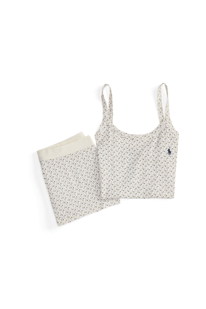 Floral-patterned pointelle tank top and shorts set on a white background