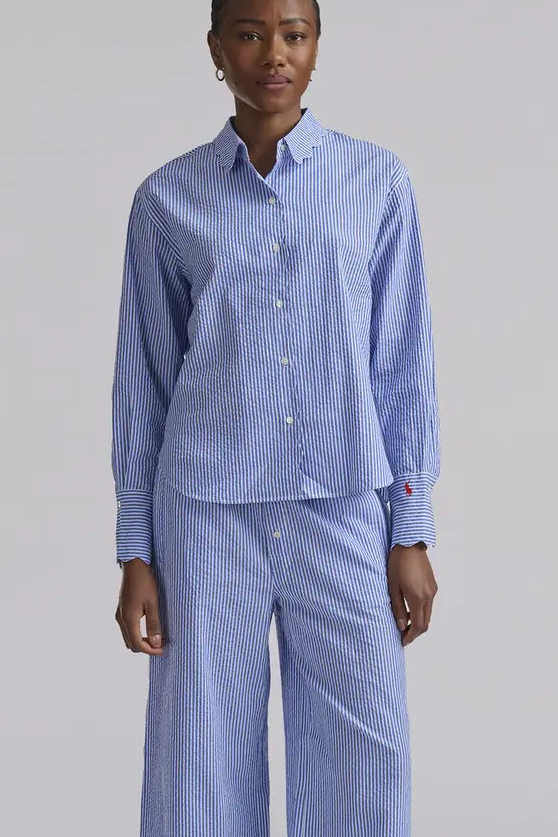 Shirting Stripes Scalloped Stitch Long Pajama Set