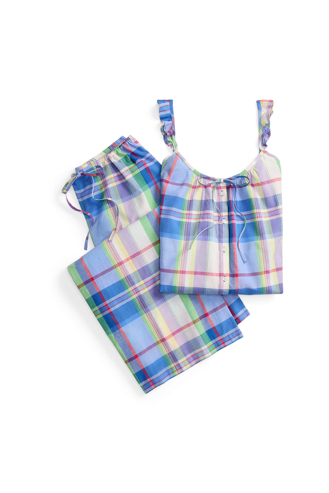 Plaid pajama set with matching top and pants on a white background